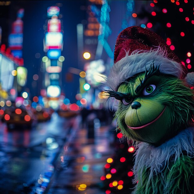 El Grinch en la carretera con el fondo de la ciudad