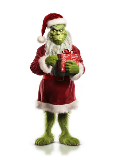 Grinch con disfraz de Papá Noel con regalo de Navidad rojo aislado en fondo blanco