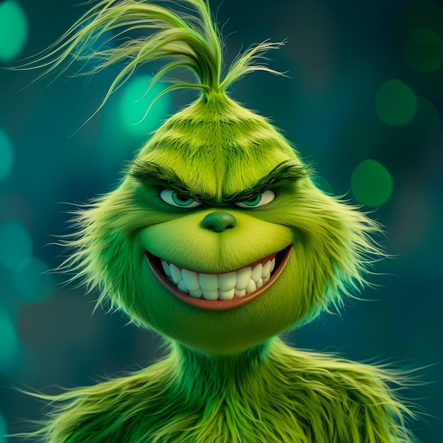 Foto el grinch del remake de jim carey con una gran sonrisa espeluznante estilo como la película colorido