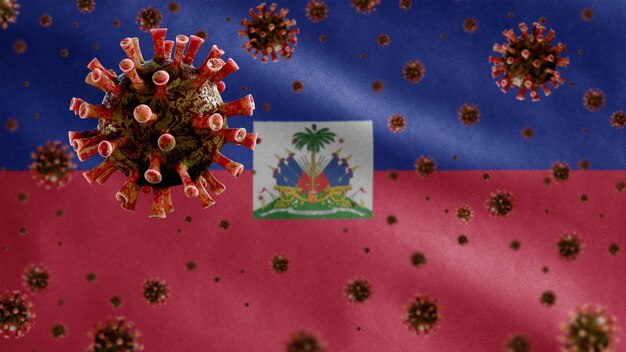 Grippe-Coronavirus schwebt über der haitianischen Flagge, einem Erreger, der die Atemwege angreift