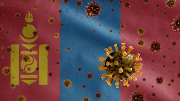 Grippe-Coronavirus schwebt über mongolischer Flagge, Erreger, der die Atemwege angreift