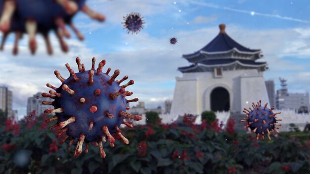 Grippe-Coronavirus schwimmt auf dem Wahrzeichen-Tor-Denkmal der Chiang Kai Shek-Gedenkhalle