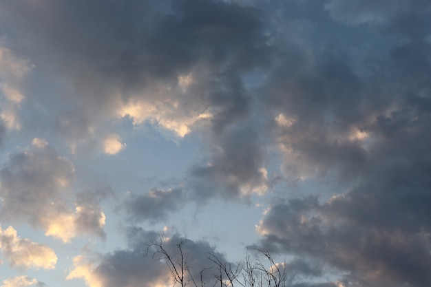 gris, blanco, esponjoso, nubes, en, cielo azul