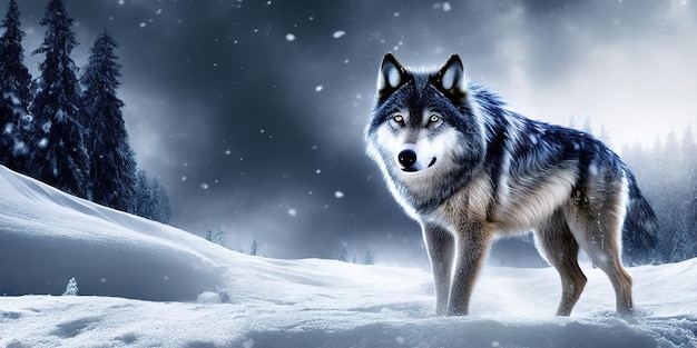 Gris hermoso lobo salvaje contra el fondo de un bosque de invierno y nieve que cae Ilustración