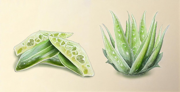 Gritkumari (Aloe Vera). Ilustración botánica sobre papel blanco. Las mejores plantas medicinales.