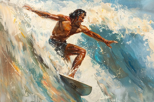 Con un grito triunfante el surfista monta la ola generativa ai