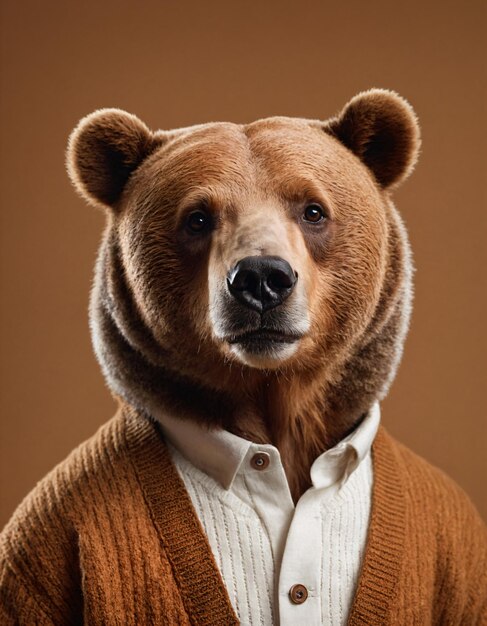 Grizzly Bear con un cardigan y una camisa para una sesión de fotos en un fondo plano gris castaño
