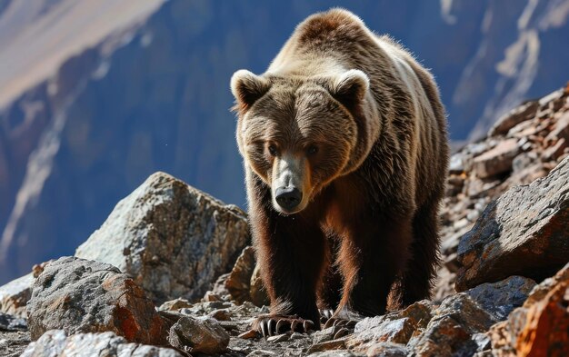 grizzly imposante Figur vor dem Hintergrund des zerklüfteten Berggebiets