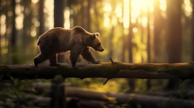 Grizzlybär läuft auf einem Holzstamm im Wald