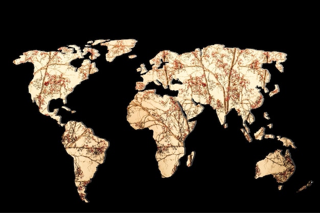 Grob umrissene Weltkarte mit trockenen Herbstblättern