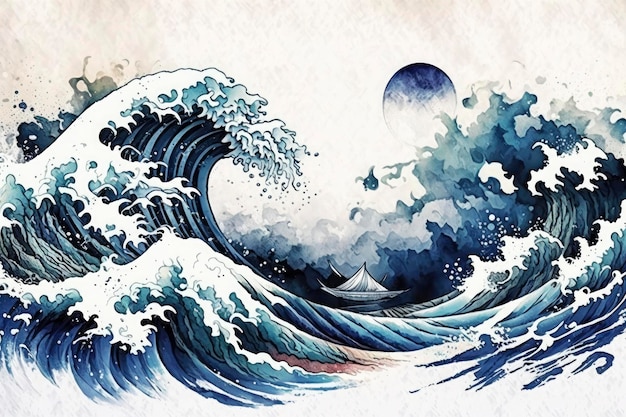 Foto grobe wellen marine-aquarell-stil japanischer hintergrund japanische malerei