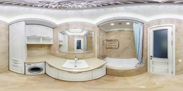 GRODNO BIELORRUSIA 2 DE ABRIL DE 2017 Vista panorámica 360 en el interior del baño vacío de lujo en piso moderno completo 360 por panorama de 180 grados en proyección equirrectangular skybox VR contenido