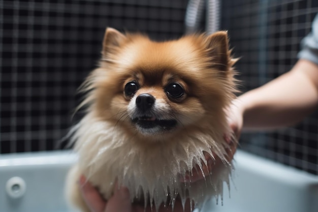 Groomer's manos lavando un perro Pomerania en el baño del salón de aseo