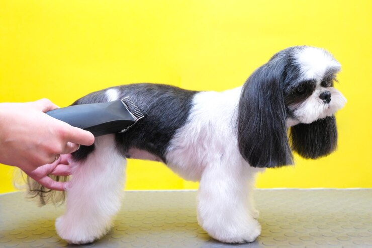 Foto groomer trabalhando em salão de beleza, fazendo corte de cabelo em salão de animais de estimação