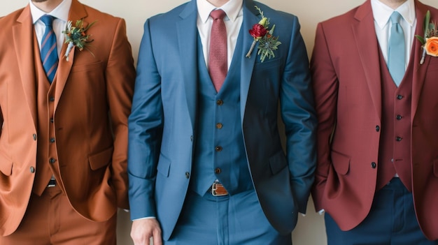 Foto groomsmen em ternos coloridos com boutonnieres