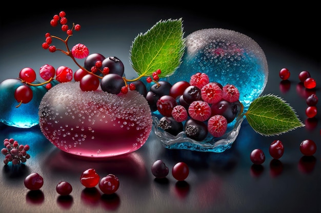 Groselhas cranberries e frutas congeladas com fina camada de gelo