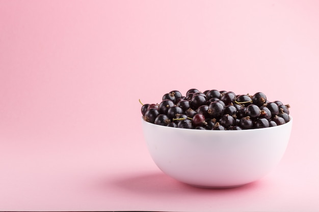 Grosella negra fresca en un tazón blanco sobre fondo rosa