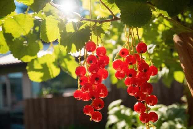 la grosella roja crece en el huerto en un día soleado