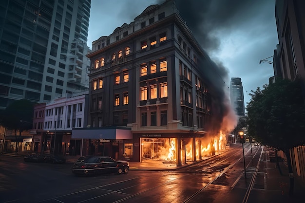 Großbrand in der Stadt Brennende Gebäude mit Feuer und Rauch Generative KI-Illustration