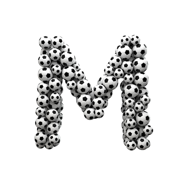 Großbuchstabe M Schriftart aus einer Sammlung von Fußbällen 3D-Rendering