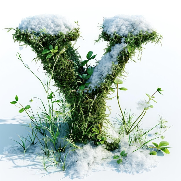 Foto großbuchstaben y mit gras unter einer spritzung von schnee winterpflanzen und moos wächst heraus
