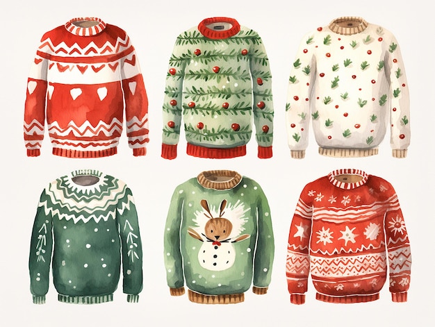 Foto große aquarell hässliche pullover für weihnachtsfeiern lustiger xmas-jumper in grünen und roten farben