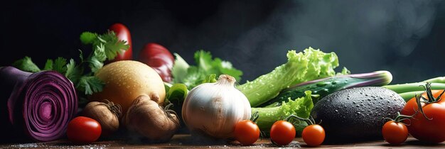 Große Auswahl an Bio-Lebensmitteln, frisches rohes Gemüse auf schwarzem Hintergrund, Ai erzeugt