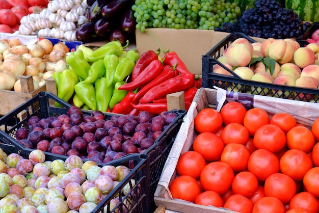 Große Auswahl an frischem Obst und Gemüse an der Markttheke