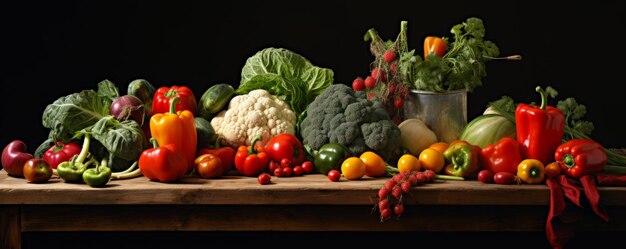 Große Auswahl an gesundem frischem biologischem Obst und Gemüse auf einem dunklen Holztisch