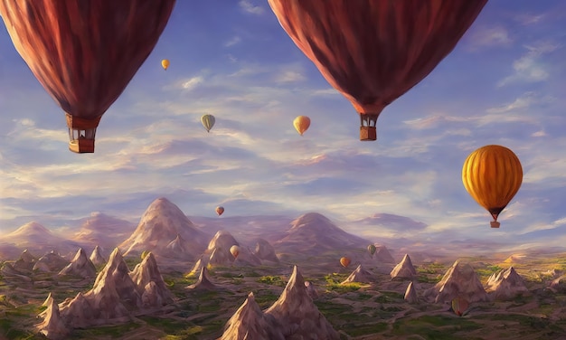 Große Ballons fliegen über die Berge von Kappadokien in der Türkei eine Touristenattraktion Morgens erstaunliche Landschaft 3D-Darstellung