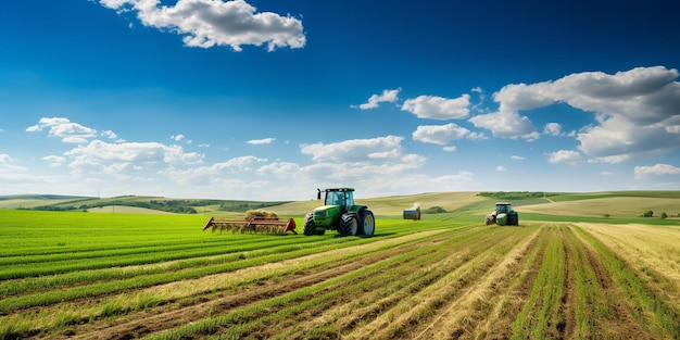 Große Bauernhöfe mit Traktoren, Maschinen und Landpflanzen wurden zur Nahrungsmittelproduktion verwendet.