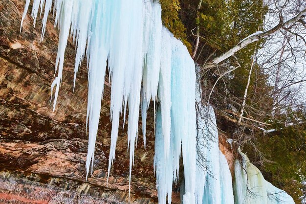 Große blaue Eiszapfen des Winters auf Klippen