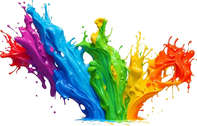 Große bunte Spritzer mehrfarbiger Farbe, die in verschiedene Richtungen streut Regenbogenfarbene Flüssigkeitsexplosionsillustration isoliert auf weißem Hintergrund Generative KI