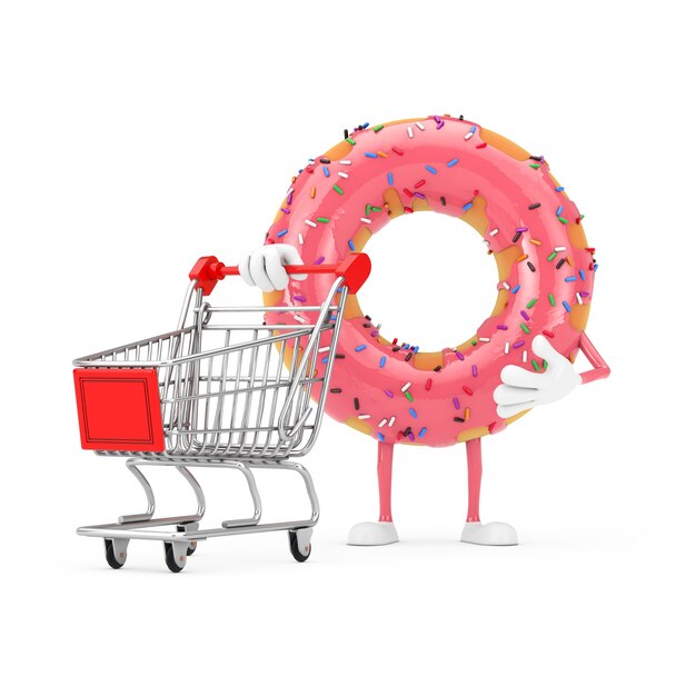 Große Erdbeerrosa glasierte Donut-Charakter-Maskottchen mit Einkaufswagen-Trolley auf weißem Hintergrund. 3D-Rendering