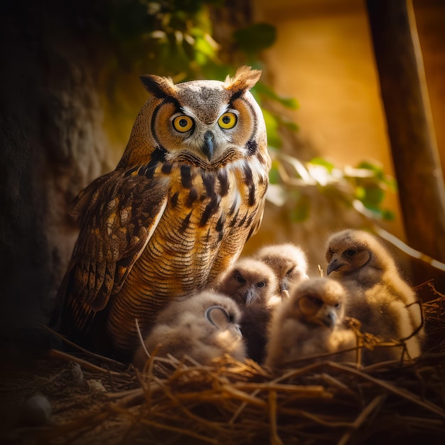 Große Eule sitzt auf einem Haufen Jungvögel im Nest. Generative KI