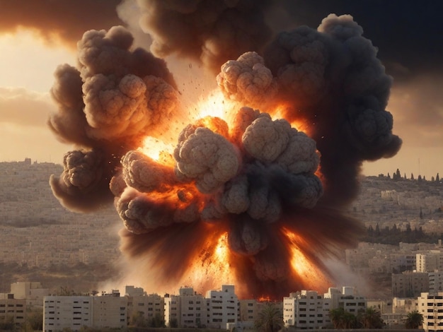 Große Explosion auf dem Hintergrund der Stadt in Israel HD 8K Wallpaper Stock Photographic Image