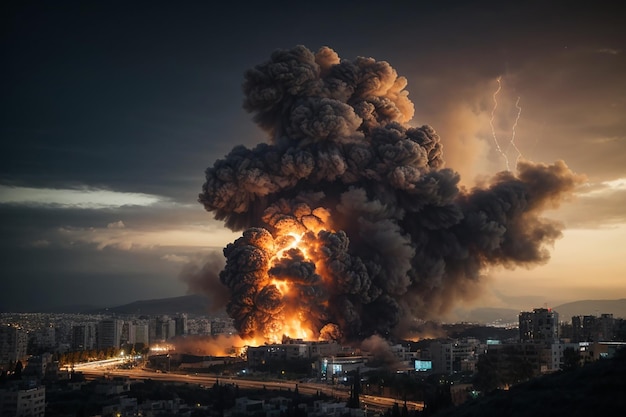 Große Explosion im Hintergrund der Stadt am Nachthimmel Israels