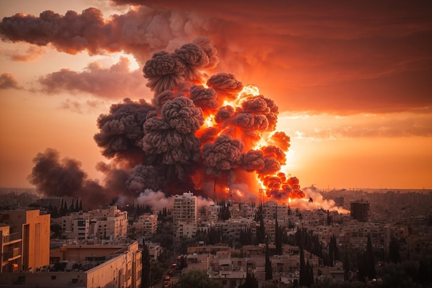 Große Explosion vor dem Hintergrund der Stadt in Gaza mit rotem, bewölktem Himmel bei Sonnenuntergang