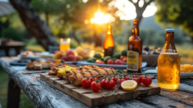 Foto große familiengartenfeier, bierflaschen, große teller und schüsseln mit fleisch, gemüse, früchten und beeren