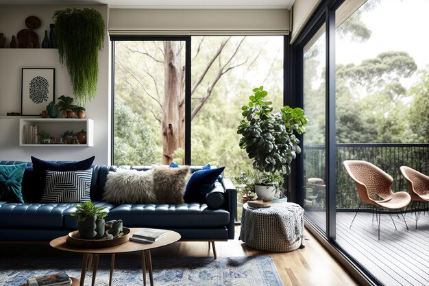 Große Fenster im modernen Wohnzimmer aus der Mitte des Jahrhunderts bieten einen Blick auf die australischen Baumwipfel