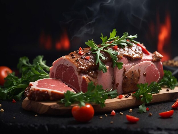 Foto große fleischschnitte rohes fleisch mit pfeffer und grün auf dunklem foto hühnermehl tierbarbecue-food