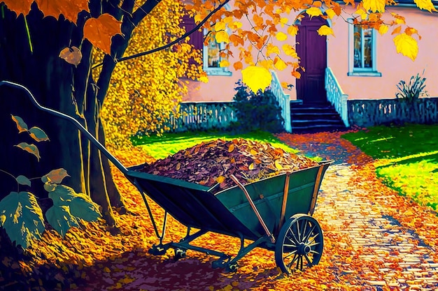 Große Gartenschubkarre aus Metall, beladen mit abgefallenem Herbstlaub