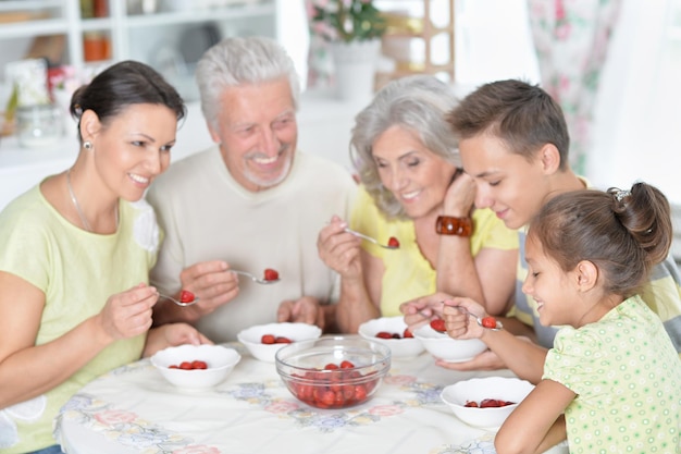 Große glückliche Familie beim Essen