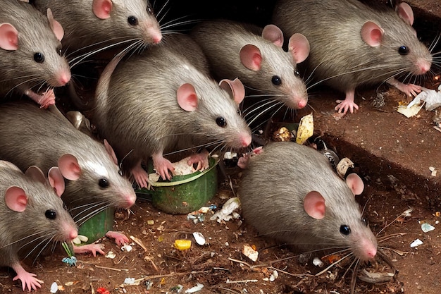 Große graue Ratten sitzen im Käfig und graben sich in Rattenmüll