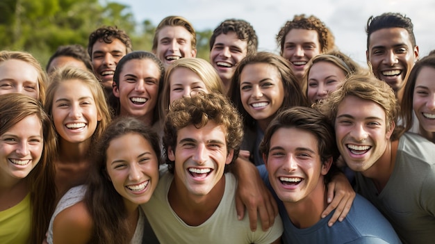 Foto große gruppe draußen lächelt vor glück porträtspaß