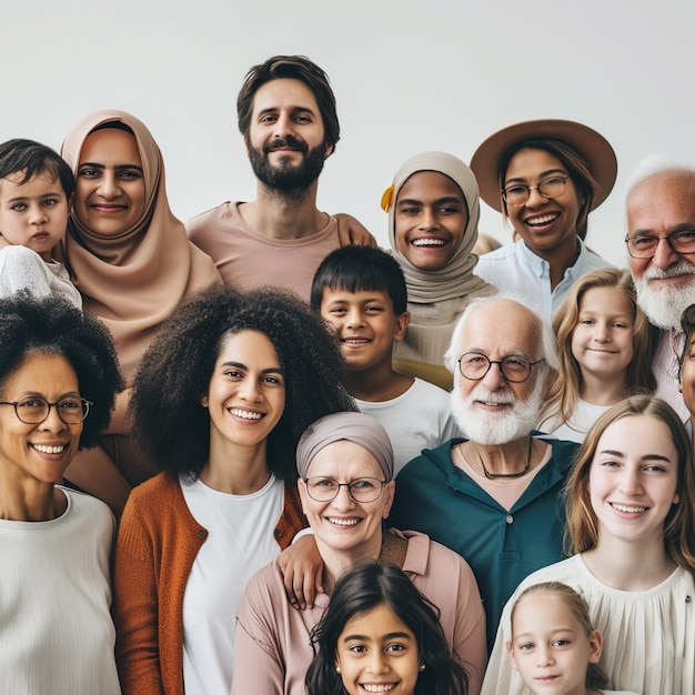 Große Gruppe glücklicher Menschen aus verschiedenen ethnischen Gruppen und Generationen