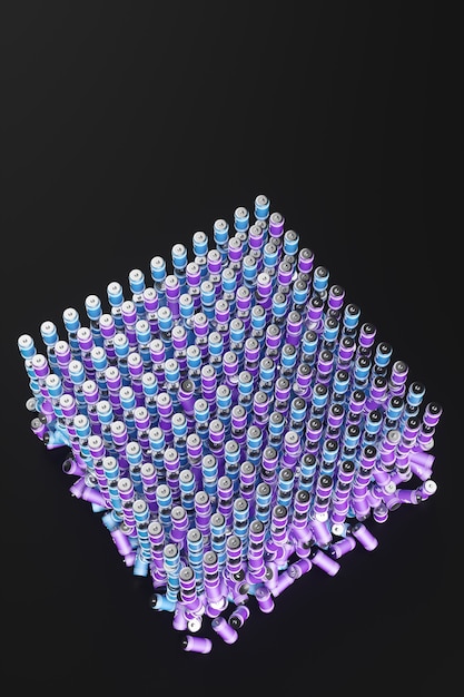 Große Gruppe von Batterien auf schwarzem Hintergrund. 3D-Darstellung.