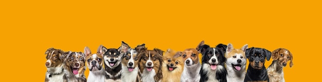 Große Gruppe von Hunden zusammen in einer Reihe, die die Kamera auf gelbem Bannerhintergrund anschaut