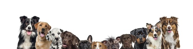 Große Gruppe von Hunden zusammen in einer Reihe isoliert auf weiß
