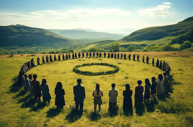 Große Gruppe von Menschen, die im Kreis auf einem Berg stehen und Händchen haltend auf einer spirituellen Graslandschaft stehen